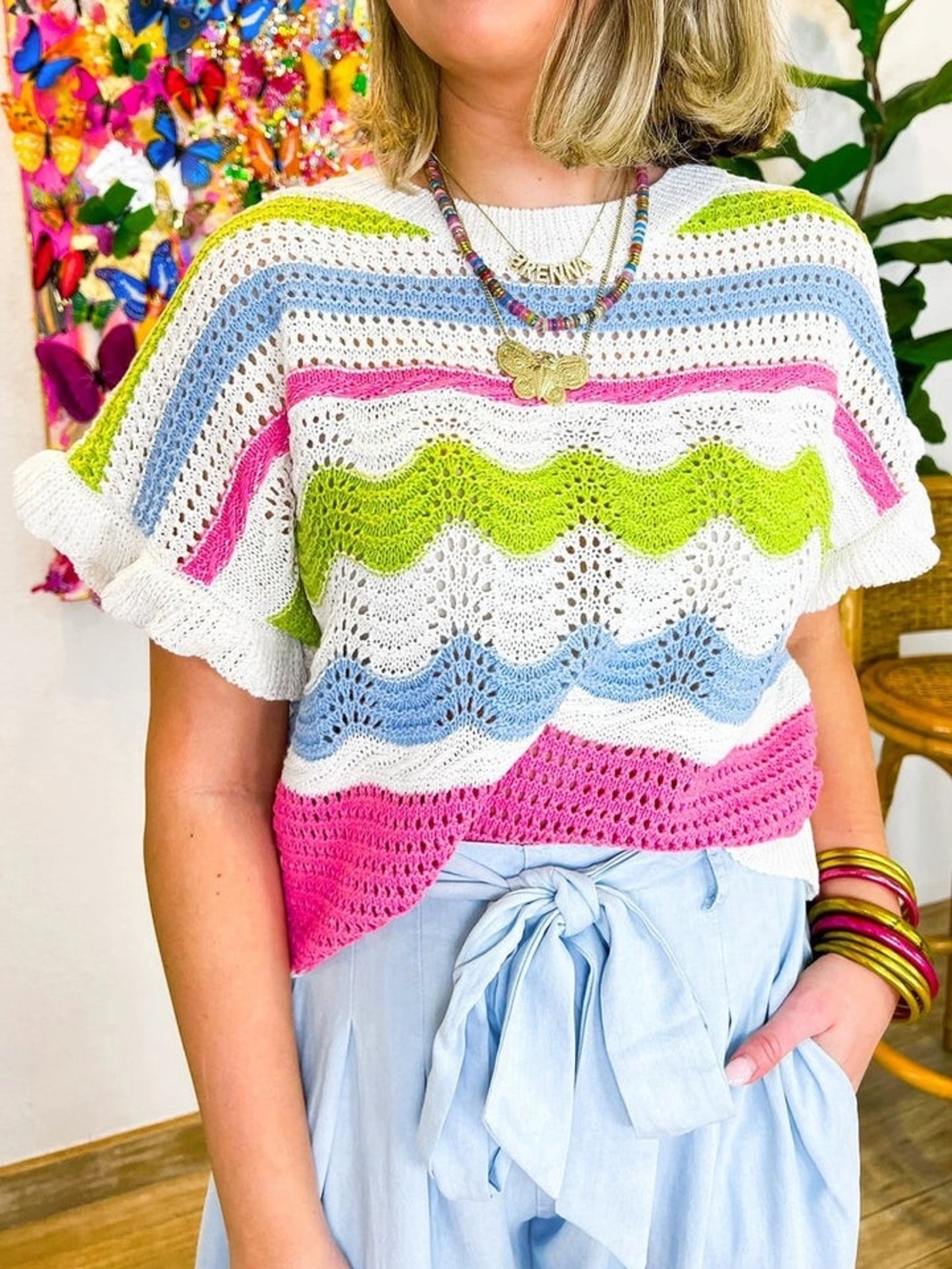 Mod Boutique Colorful Pointelle Crochet Knit Blouse Large
